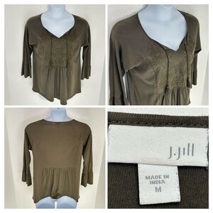 J. Jill Olive Green Butterfly Cuff Embroidered Top Blouse Size Medium Babydoll
